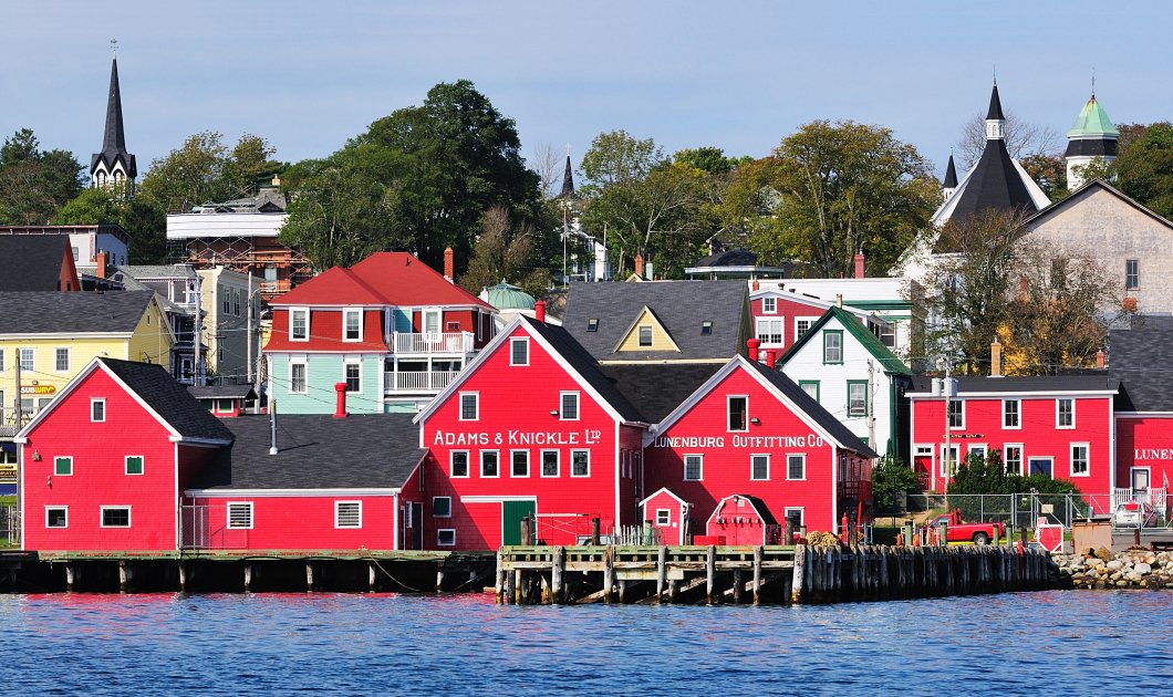 A wide shot of the town of Lunenburg in Nova Scotia, Canada.